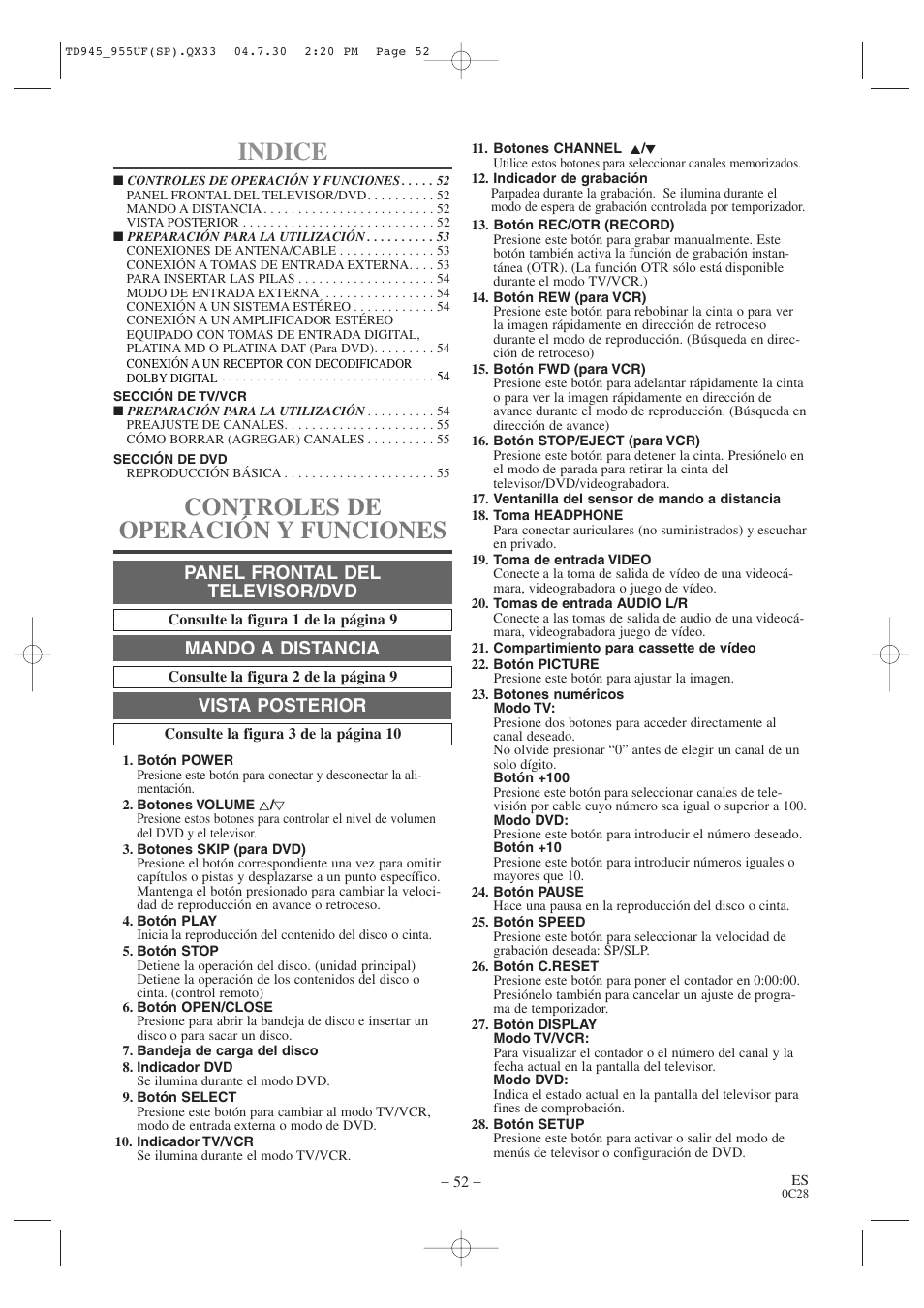 Indice, Controles de operación y funciones, Panel frontal del televisor/dvd | Mando a distancia, Vista posterior | Sylvania SRCD223B User Manual | Page 52 / 56
