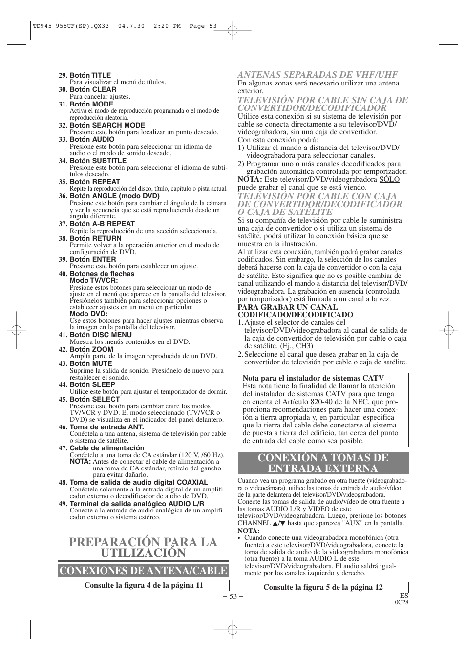 Preparación para la utilización, Conexiones de antena/cable, Conexión a tomas de entrada externa | Antenas separadas de vhf/uhf | Sylvania SRCD223B User Manual | Page 53 / 56