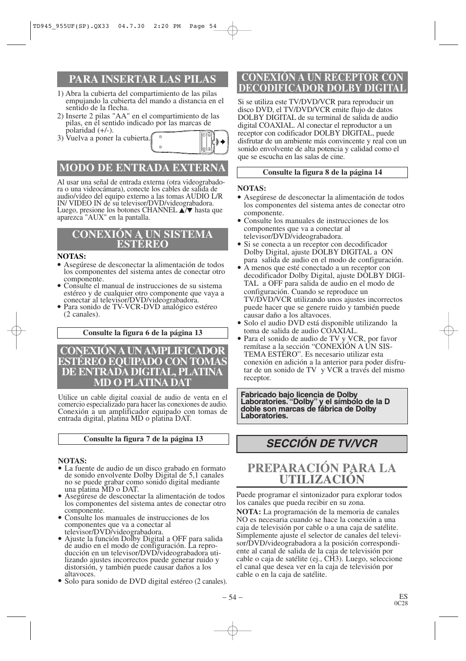 Preparación para la utilización, Sección de tv/vcr, Modo de entrada externa | Sylvania SRCD223B User Manual | Page 54 / 56