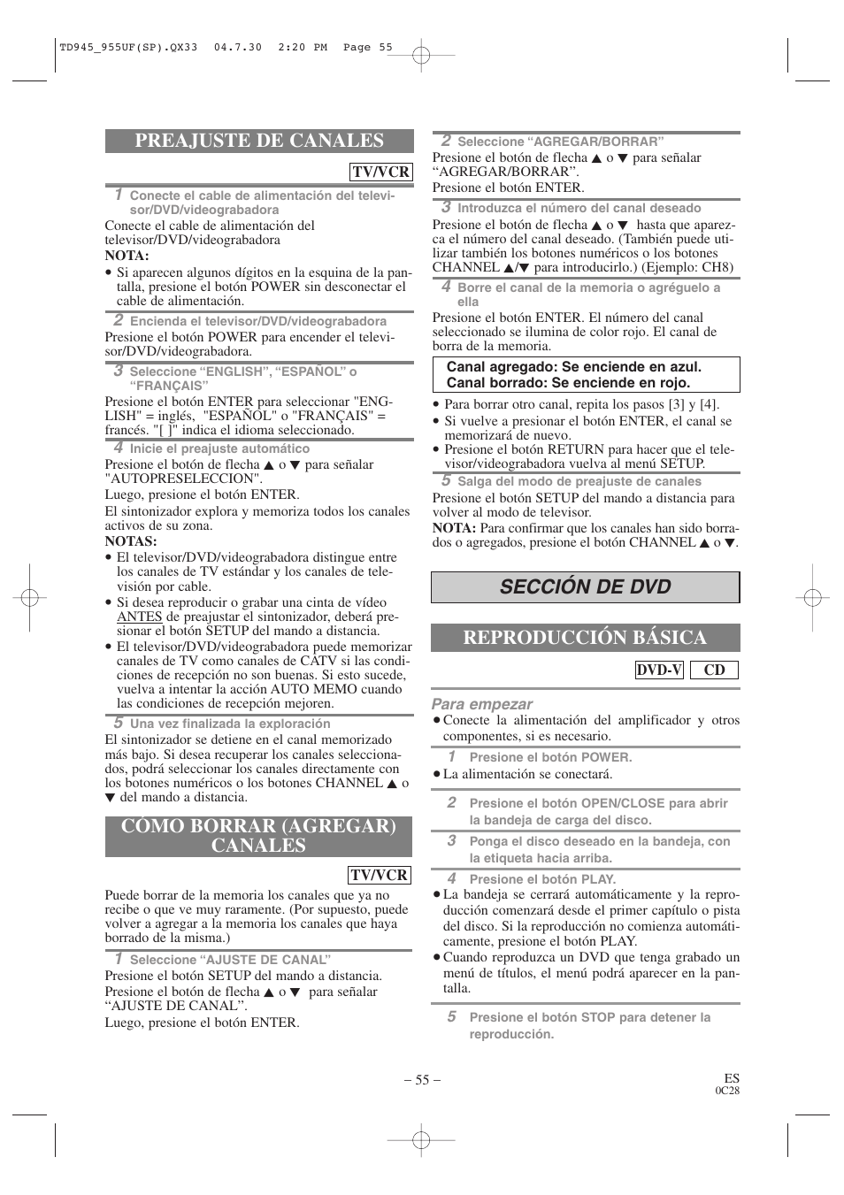 Cómo borrar (agregar) canales, Preajuste de canales, Sección de dvd reproducción básica | Sylvania SRCD223B User Manual | Page 55 / 56