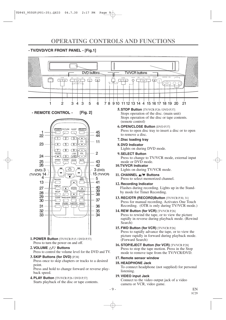 Operating controls and functions, 9 - en, Lights on during dvd mode. 9 | Lights on during tv/vcr mode. 11, Press to turn the power on and off. 2 | Sylvania SRCD223B User Manual | Page 9 / 56