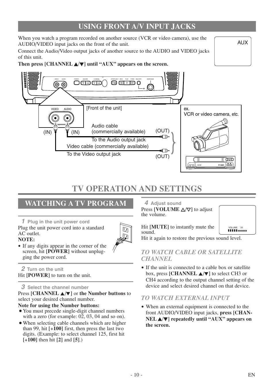 Tv operation and settings, Using front a/v input jacks, Watching a tv program | Sylvania 6313CEY User Manual | Page 10 / 32