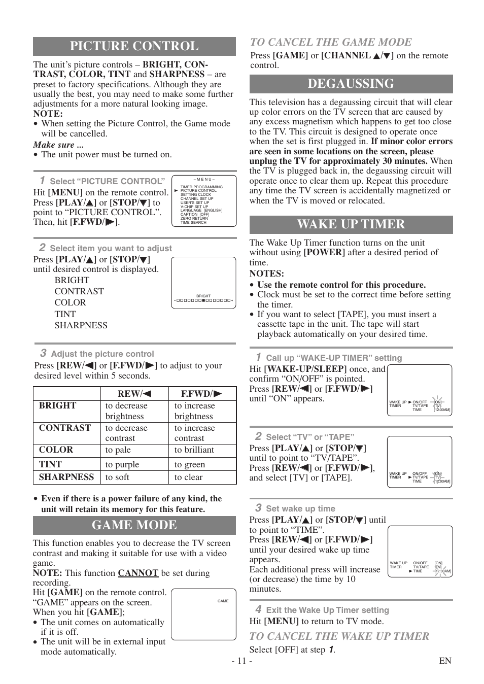 Degaussing, Picture control, Game mode | Wake up timer | Sylvania 6313CEY User Manual | Page 11 / 32