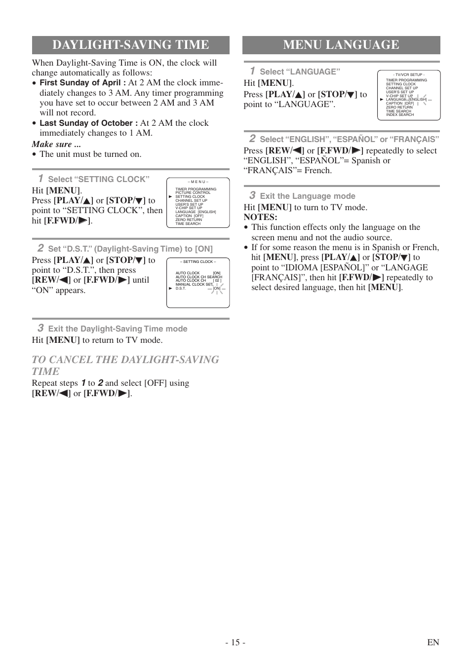 Daylight-saving time, Menu language | Sylvania 6313CEY User Manual | Page 15 / 32