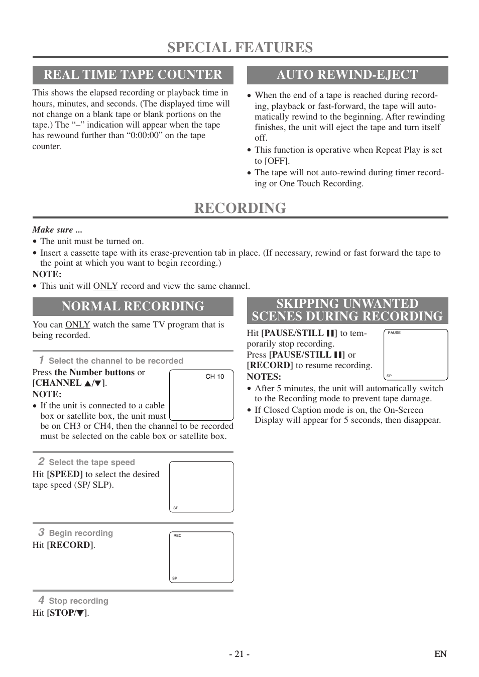 Special features, Recording, Real time tape counter auto rewind-eject | Normal recording, Skipping unwanted scenes during recording | Sylvania 6313CEY User Manual | Page 21 / 32