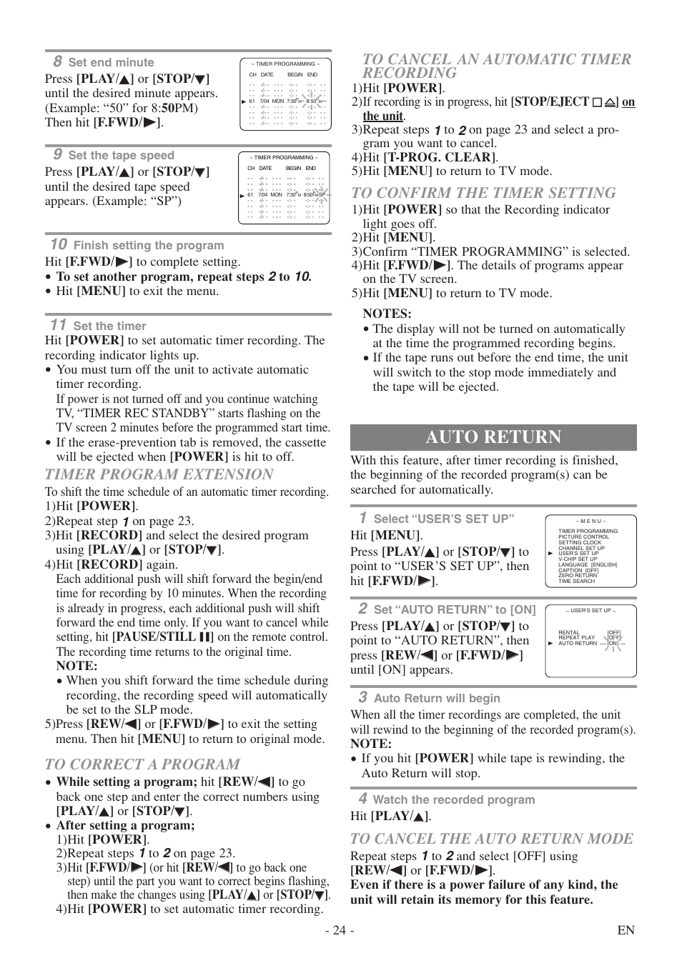 Auto return, Timer program extension, 24 - en | Hit [play/ k k, Hit [f.fwd/ b b ] to complete setting, Hit [menu] to exit the menu | Sylvania 6313CEY User Manual | Page 24 / 32