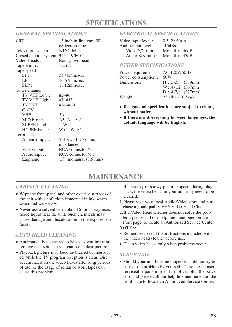 Specifications, Maintenance | Sylvania 6313CEY User Manual | Page 27 / 32
