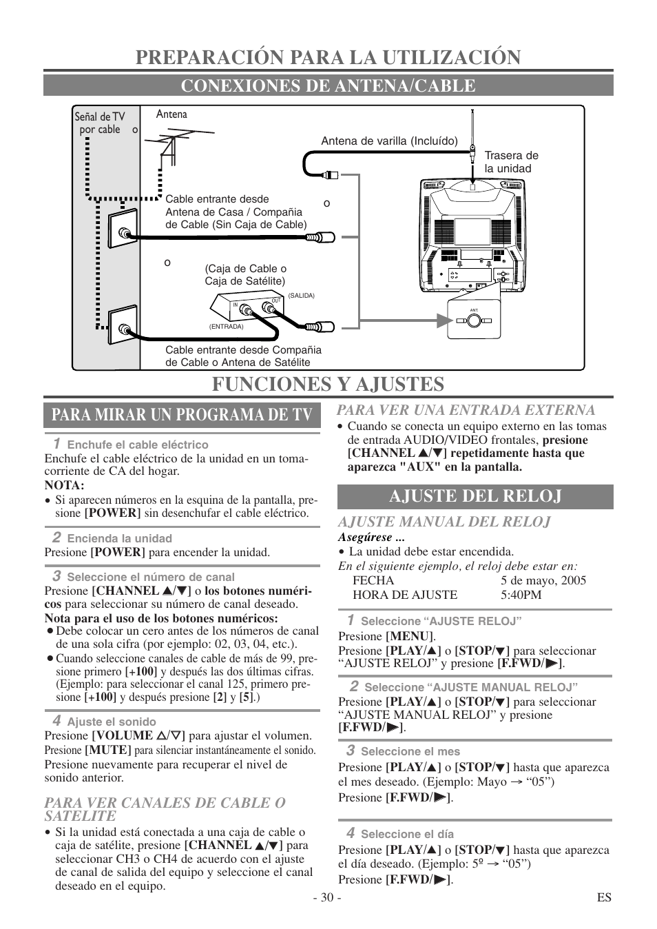 Para mirar un programa de tv, Ajuste del reloj conexiones de antena/cable, Para ver canales de cable o satelite | Para ver una entrada externa, Ajuste manual del reloj | Sylvania 6313CEY User Manual | Page 30 / 32