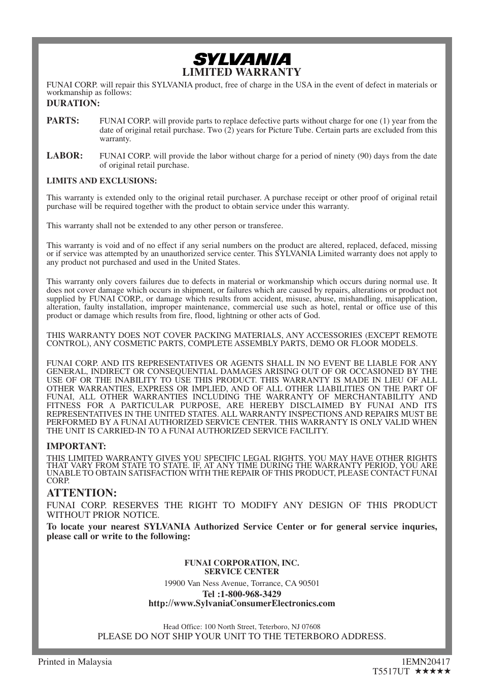 Limited warranty, Attention | Sylvania 6313CEY User Manual | Page 32 / 32