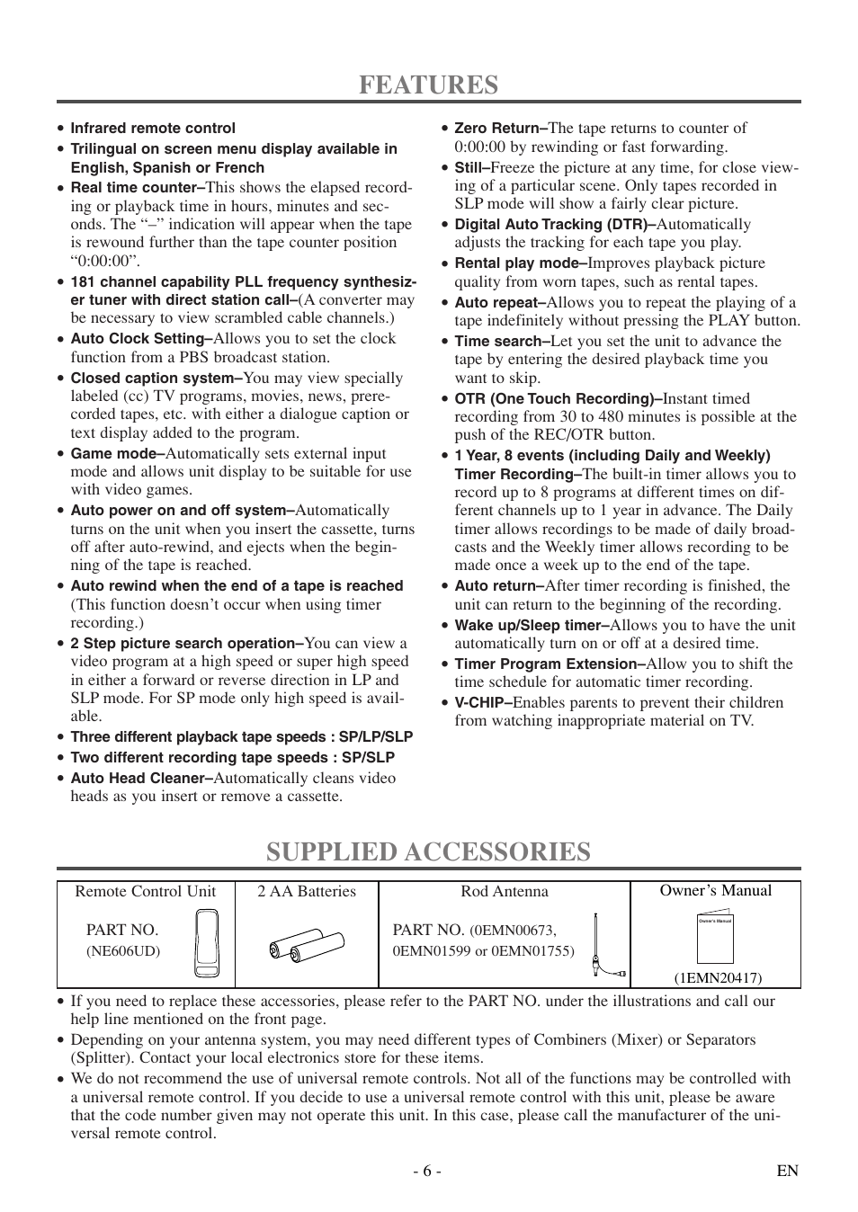 Features, Supplied accessories | Sylvania 6313CEY User Manual | Page 6 / 32
