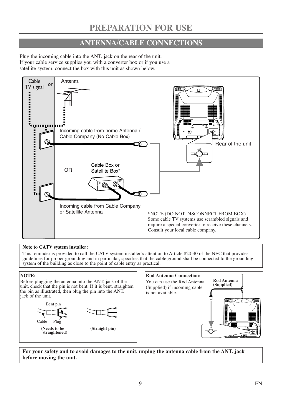 Preparation for use, Antenna/cable connections, Cable tv signal antenna or | Sylvania 6313CEY User Manual | Page 9 / 32