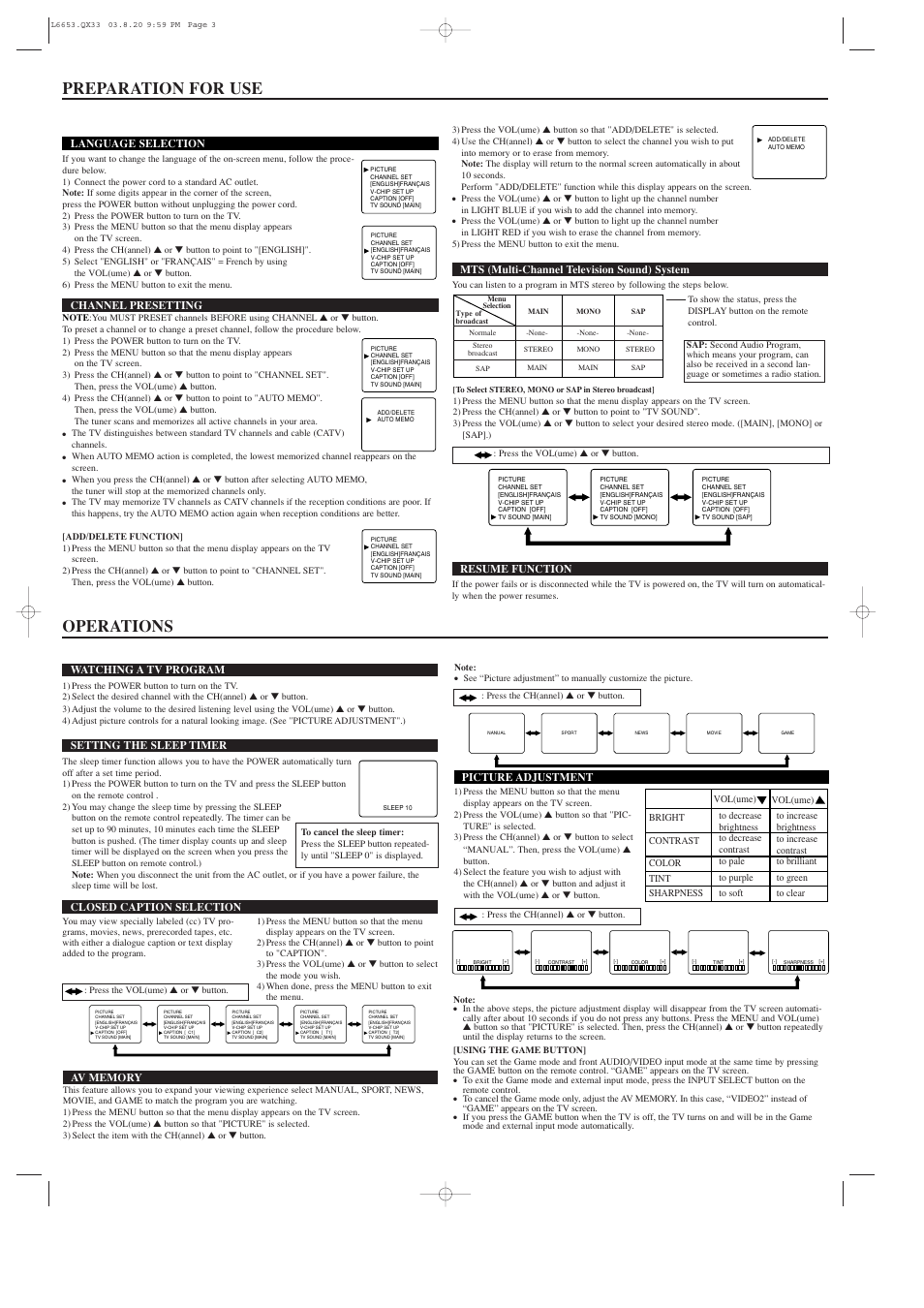 Preparation for use, Operations | Sylvania C6432TD User Manual | Page 3 / 4