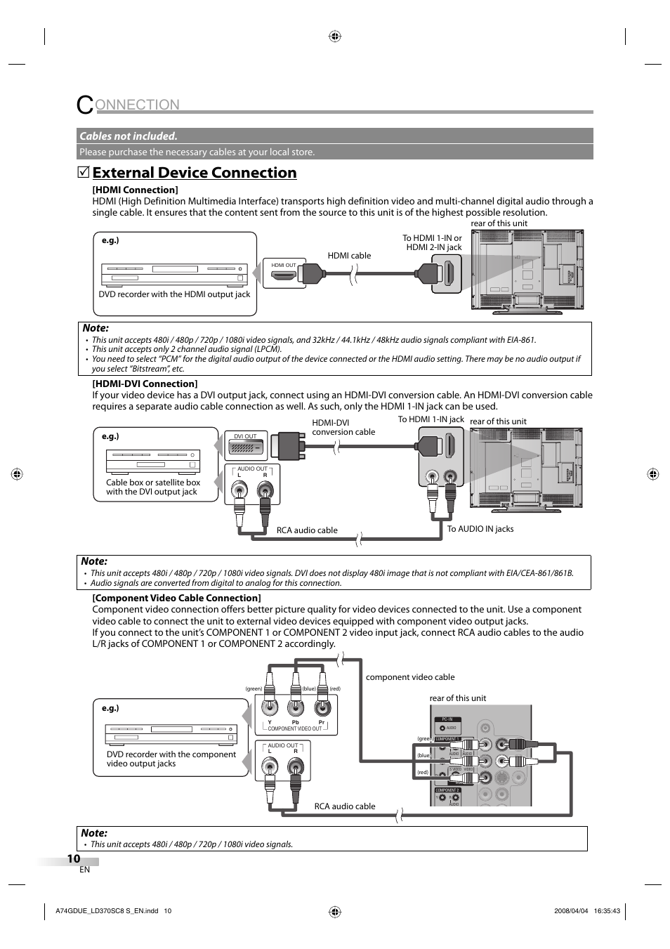 Onnection, External device connection, Cables not included | Sylvania LD370SC8 S User Manual | Page 10 / 92