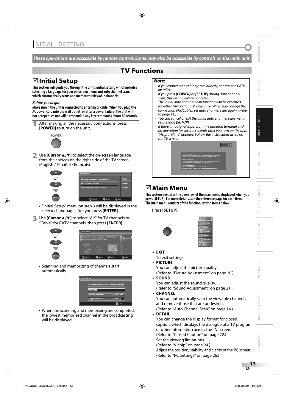 Nitial setting, Initial setup, Main menu | Tv functions, Before you begin | Sylvania LD370SC8 S User Manual | Page 13 / 92