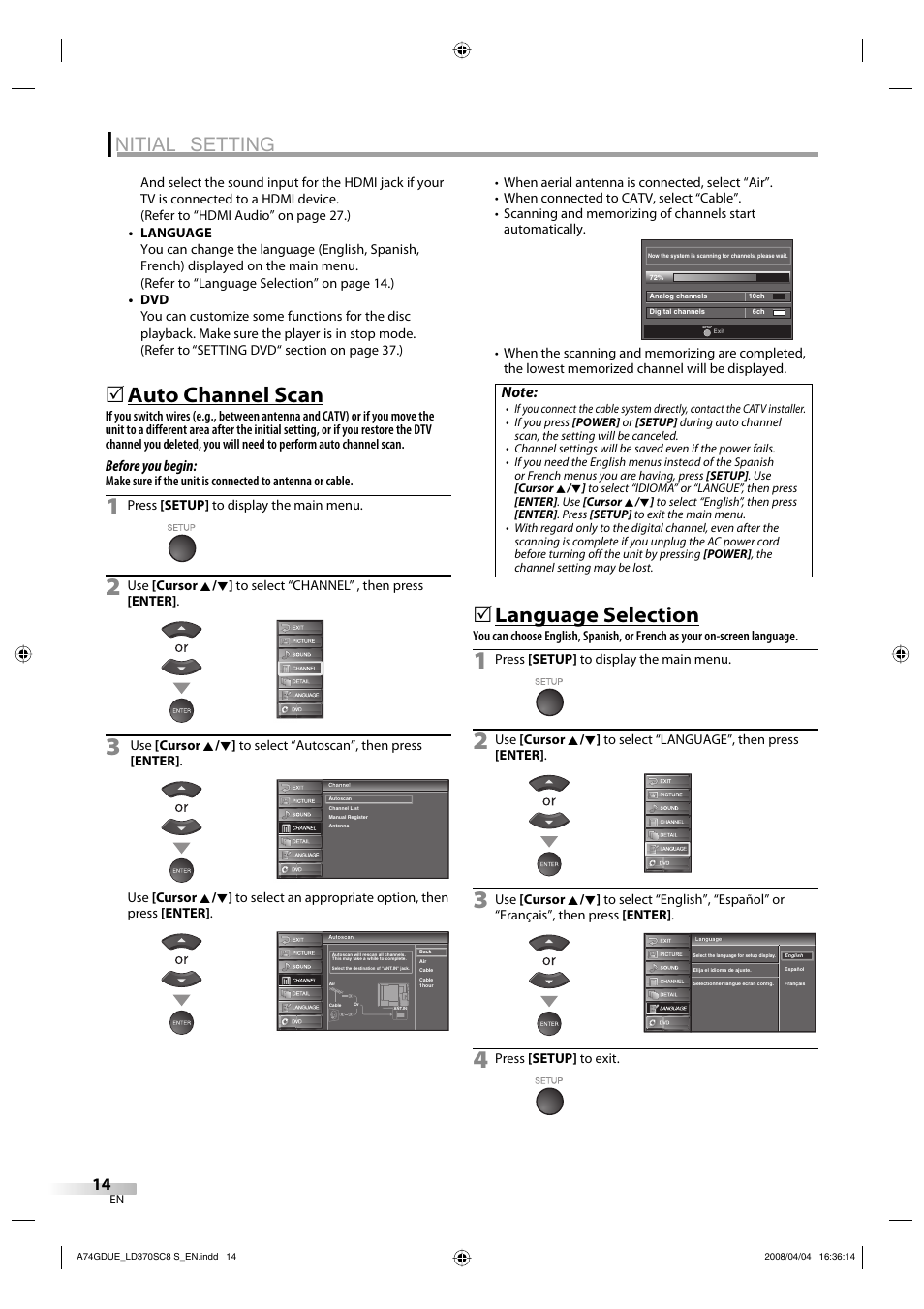 Nitial setting, Auto channel scan, Language selection | Before you begin | Sylvania LD370SC8 S User Manual | Page 14 / 92