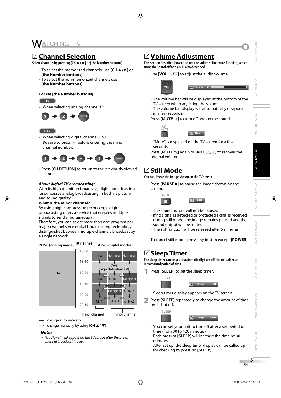 Atching tv, Channel selection, Volume adjustment | Still mode, Sleep timer | Sylvania LD370SC8 S User Manual | Page 15 / 92