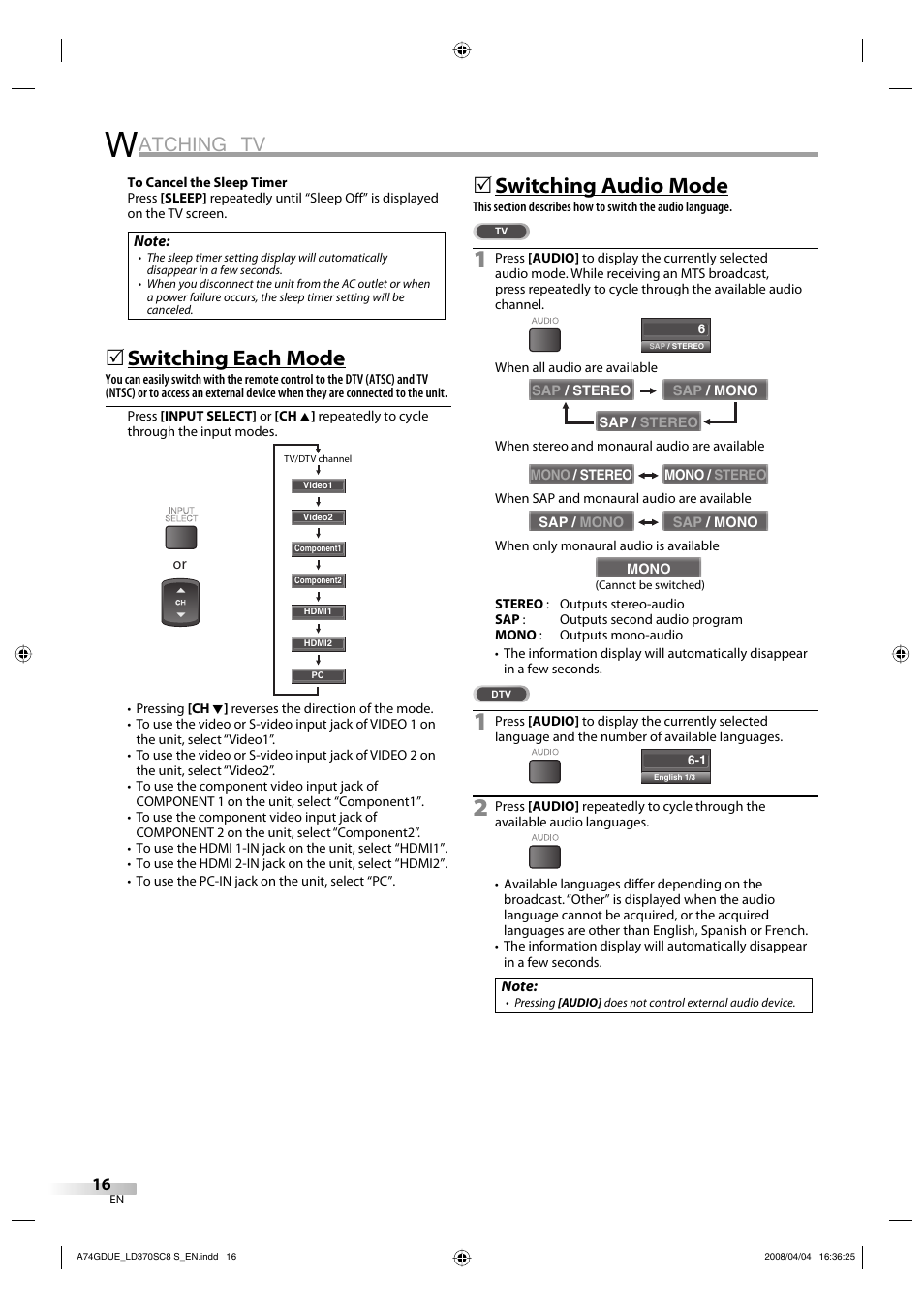 Atching tv, Switching each mode, Switching audio mode | Sylvania LD370SC8 S User Manual | Page 16 / 92