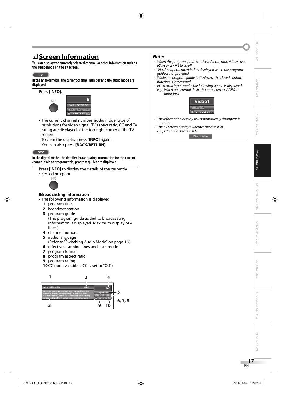 Screen information | Sylvania LD370SC8 S User Manual | Page 17 / 92