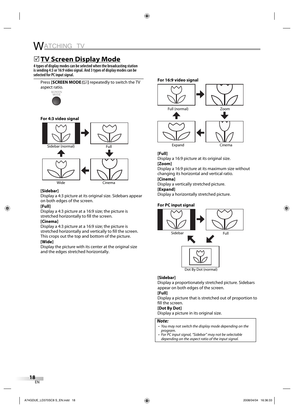 Atching tv, Tv screen display mode | Sylvania LD370SC8 S User Manual | Page 18 / 92