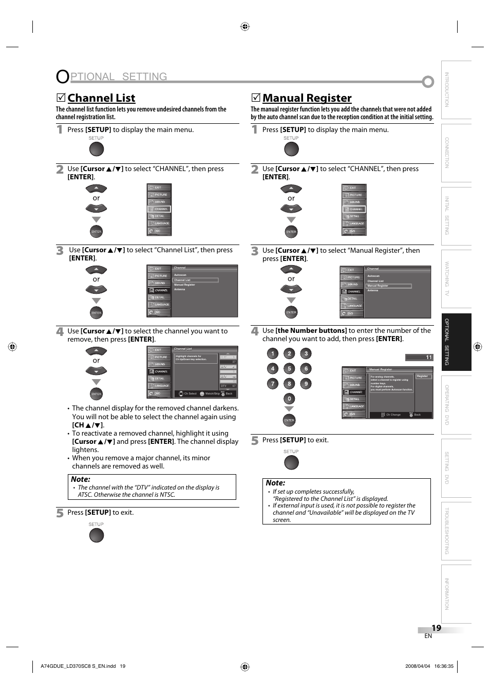 Ptional setting, Channel list, Manual register | Sylvania LD370SC8 S User Manual | Page 19 / 92