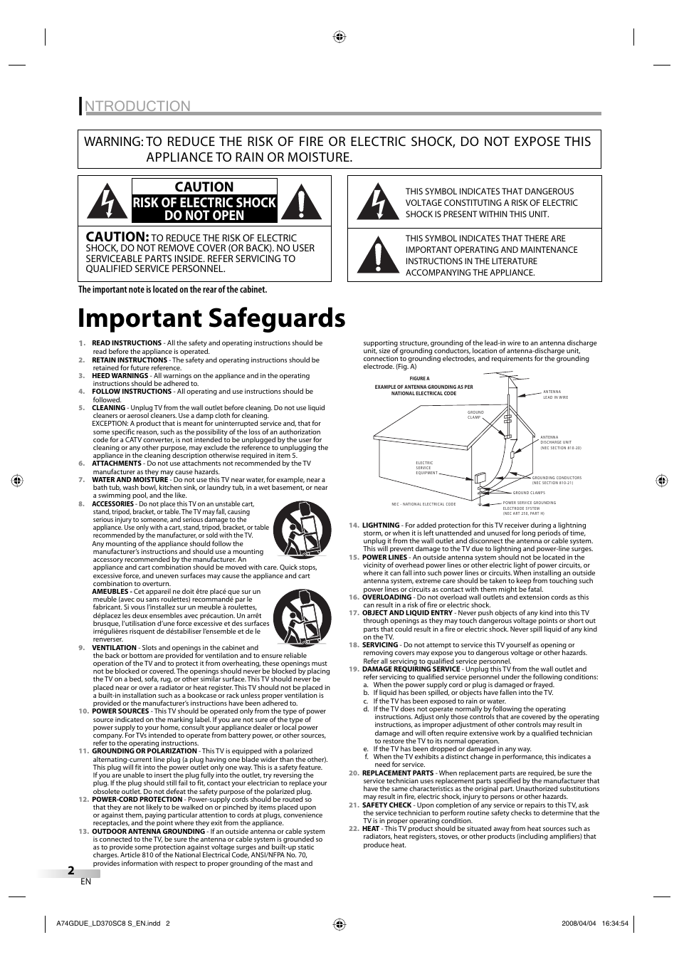 Important safeguards, Ntroduction, Caution | Caution risk of electric shock do not open | Sylvania LD370SC8 S User Manual | Page 2 / 92