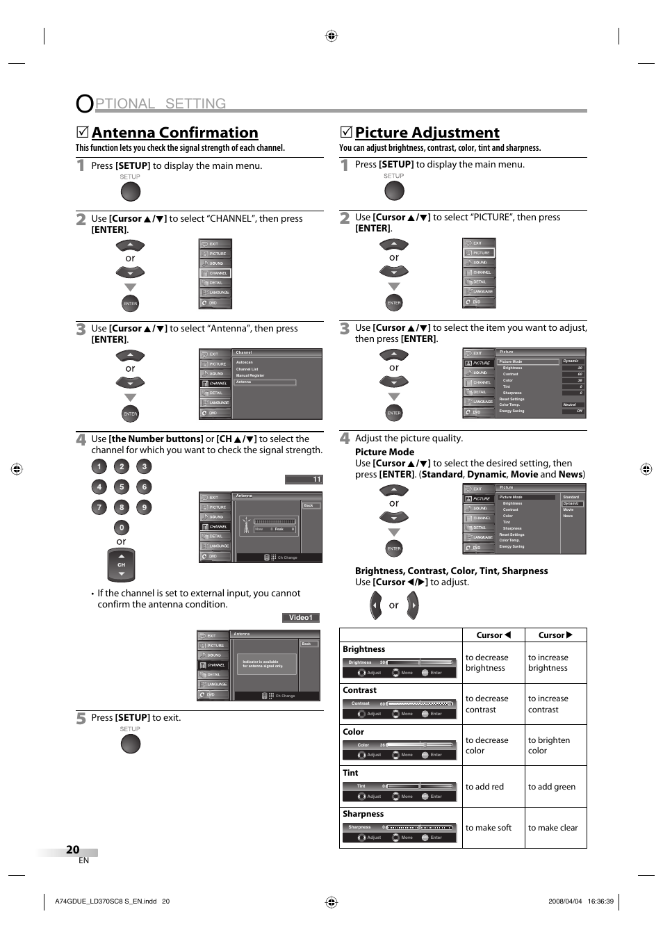 Ptional setting, Antenna confirmation, Picture adjustment | Press [setup] to display the main menu, Press [setup] to exit | Sylvania LD370SC8 S User Manual | Page 20 / 92