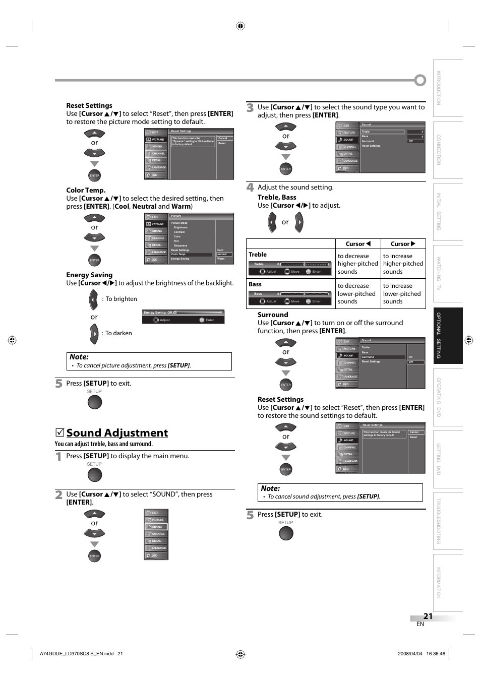 Sound adjustment, Press [setup] to exit, You can adjust treble, bass and surround | Press [setup] to display the main menu | Sylvania LD370SC8 S User Manual | Page 21 / 92