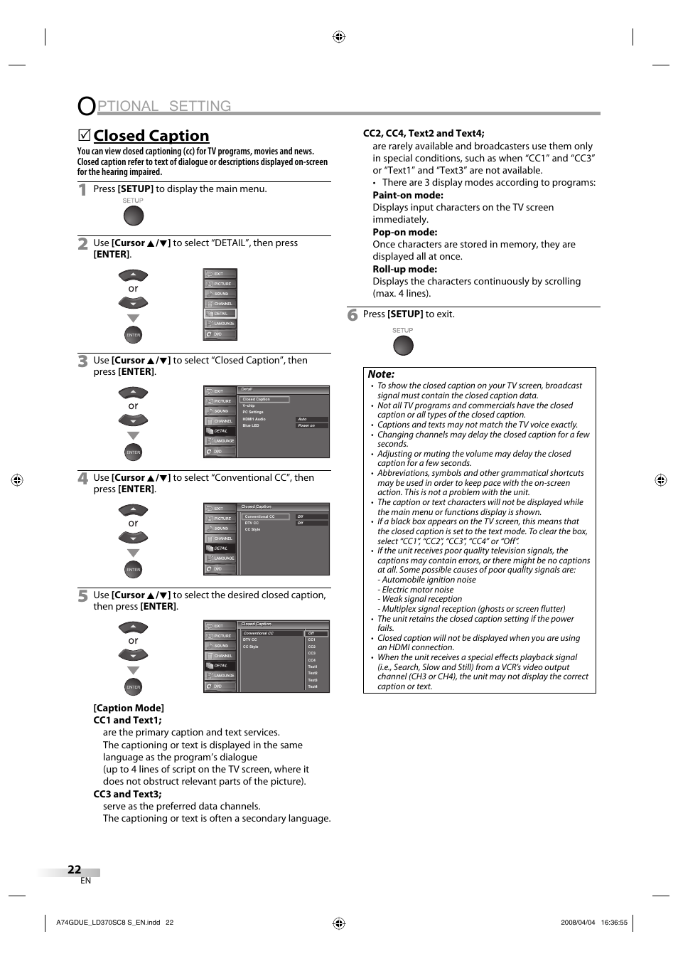 Ptional setting, Closed caption | Sylvania LD370SC8 S User Manual | Page 22 / 92