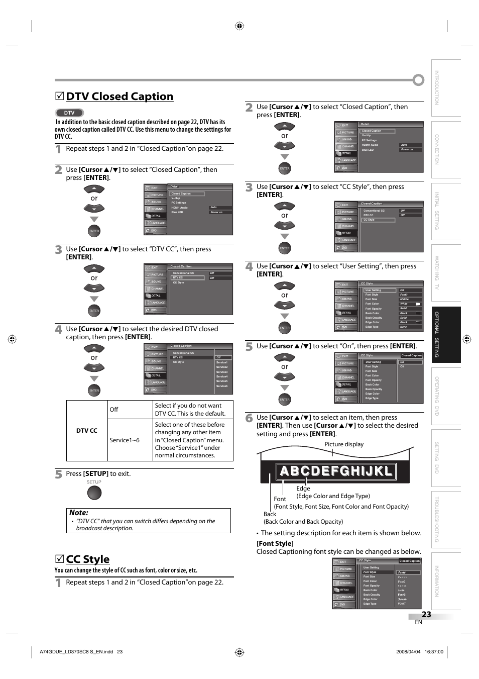 Dtv closed caption, Cc style, Repeat steps 1 and 2 in “closed caption”on page 22 | Press [setup] to exit | Sylvania LD370SC8 S User Manual | Page 23 / 92