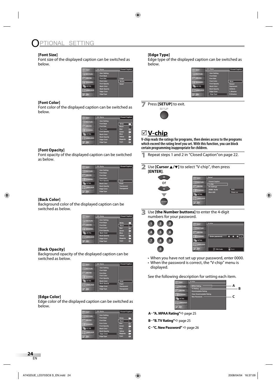 Ptional setting, V-chip, Press [setup] to exit | Repeat steps 1 and 2 in “closed caption”on page 22 | Sylvania LD370SC8 S User Manual | Page 24 / 92