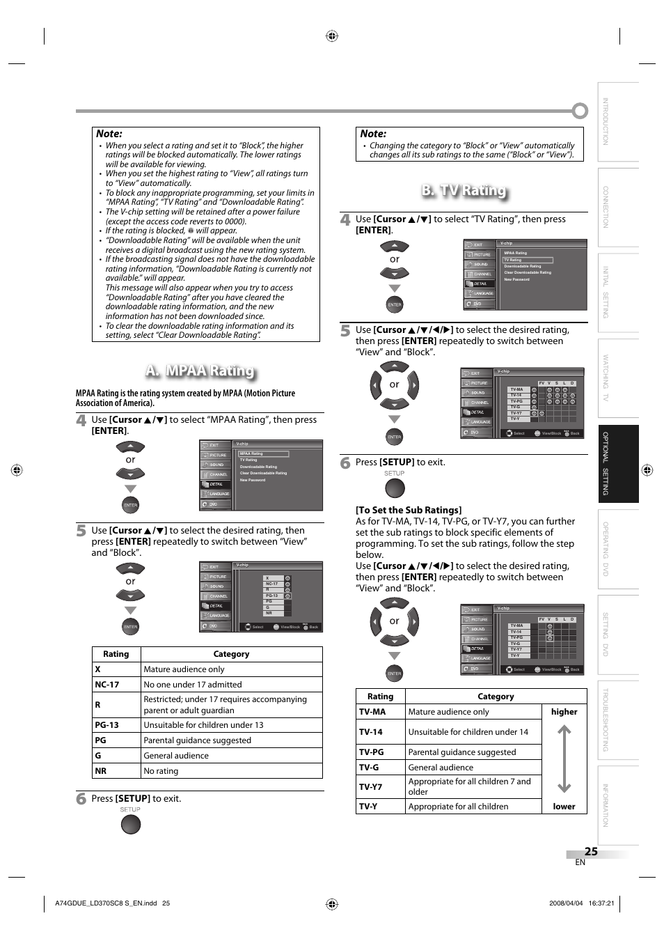 A. mpaa rating, B. tv rating, Press [setup] to exit | Sylvania LD370SC8 S User Manual | Page 25 / 92