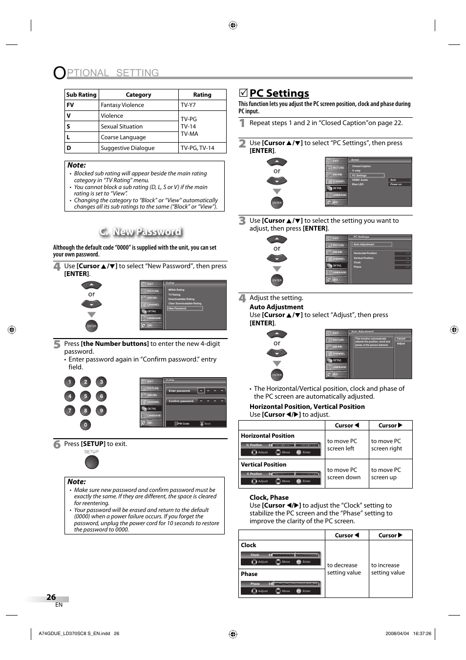 Ptional setting, C. new password, Pc settings | Sylvania LD370SC8 S User Manual | Page 26 / 92