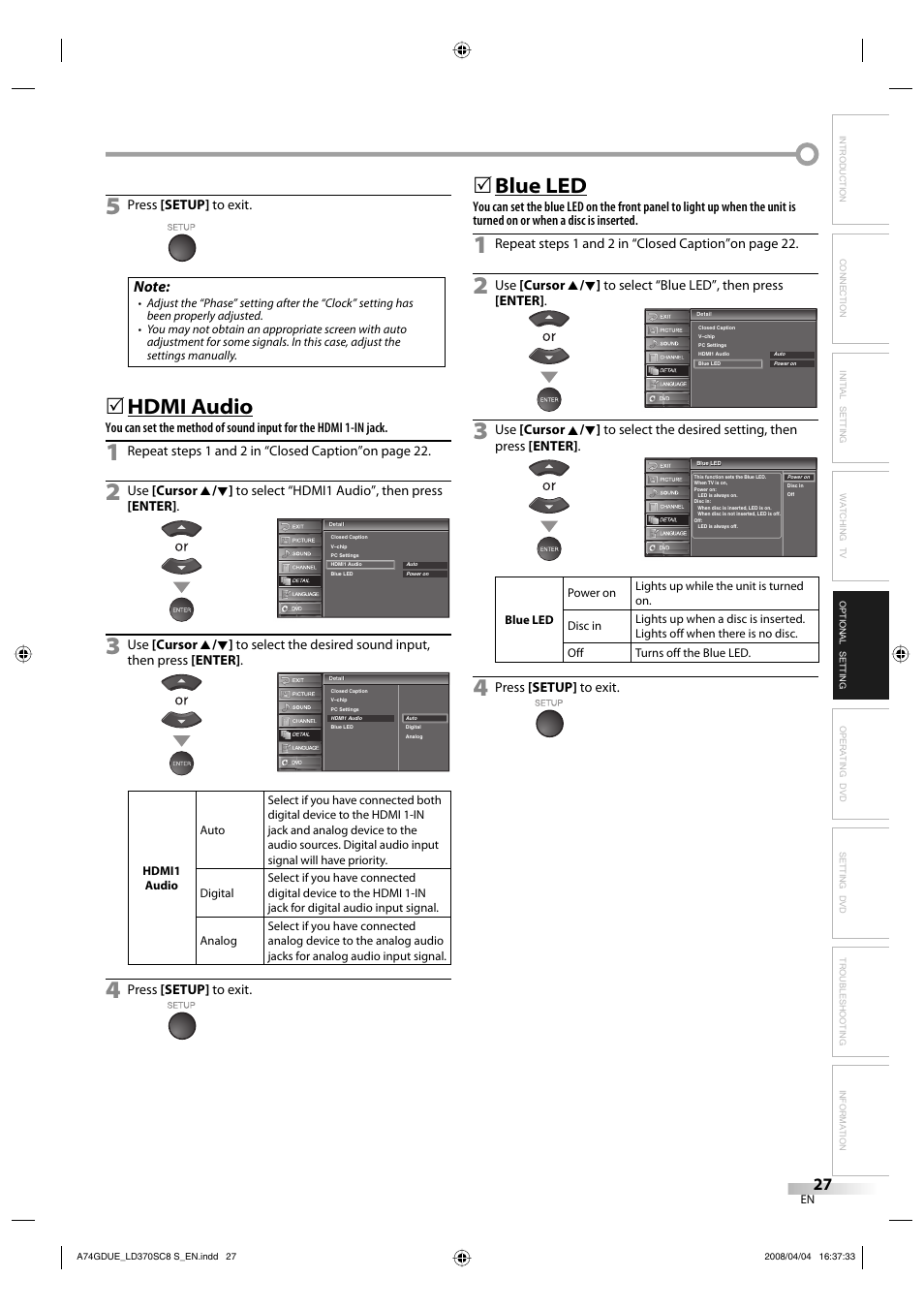 Hdmi audio, 5blue led | Sylvania LD370SC8 S User Manual | Page 27 / 92