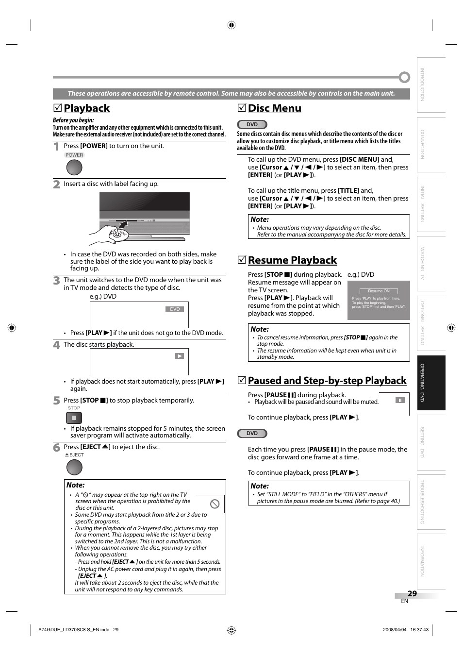 Playback, Disc menu, Resume playback | Paused and step-by-step playback | Sylvania LD370SC8 S User Manual | Page 29 / 92