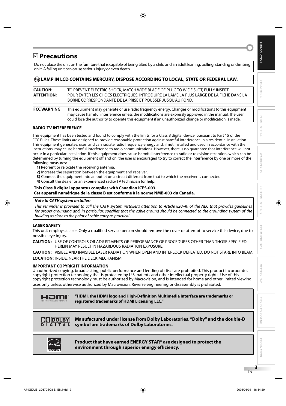 Precautions | Sylvania LD370SC8 S User Manual | Page 3 / 92