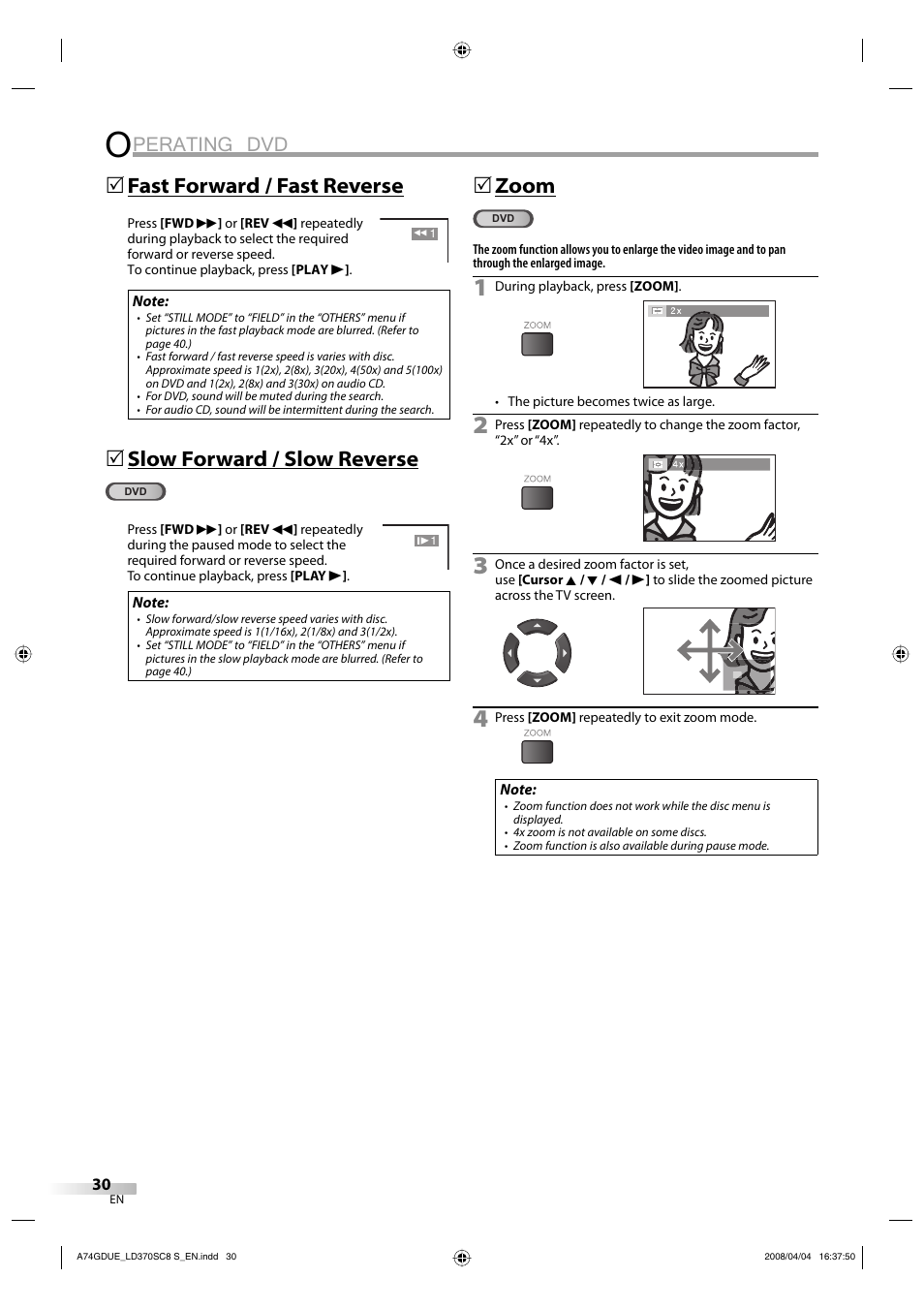 Perating dvd, Fast forward / fast reverse, Slow forward / slow reverse | 5zoom | Sylvania LD370SC8 S User Manual | Page 30 / 92