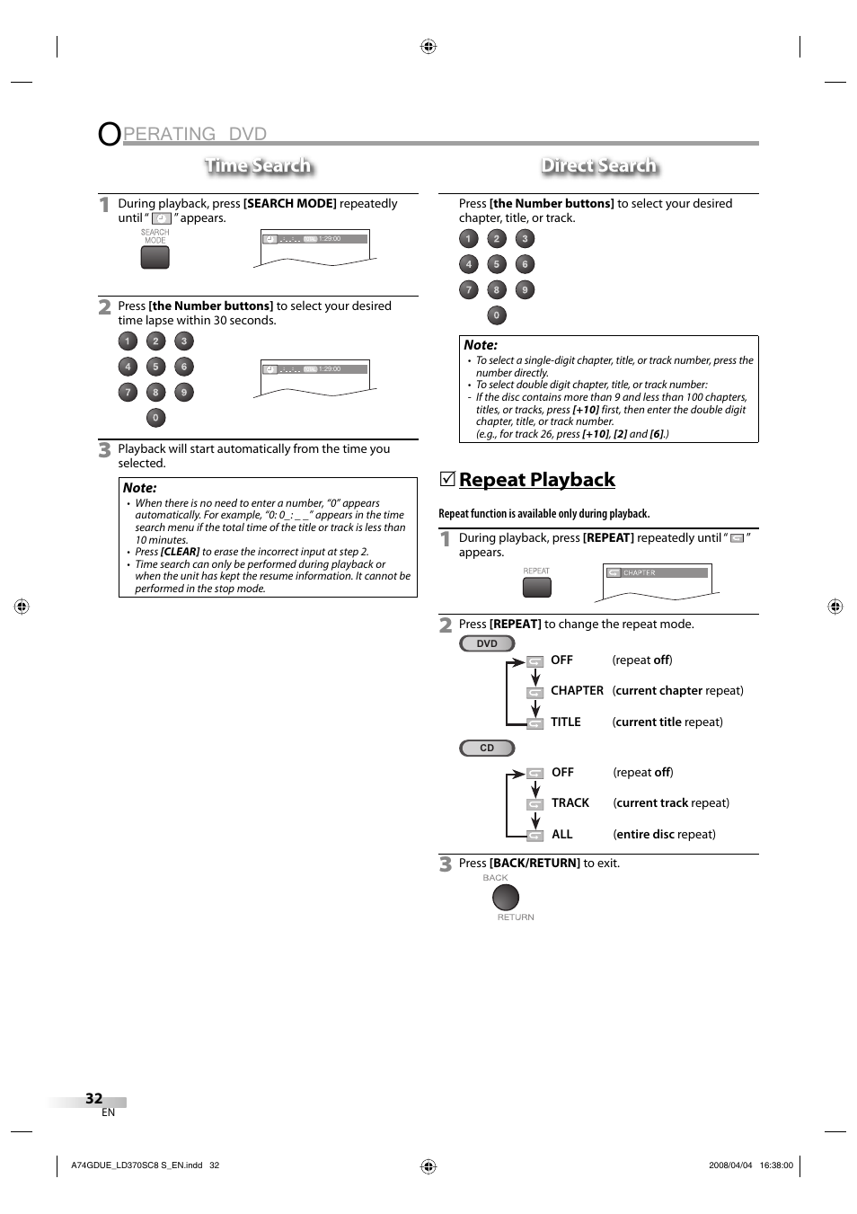 Perating dvd, Time search, Direct search | Repeat playback | Sylvania LD370SC8 S User Manual | Page 32 / 92