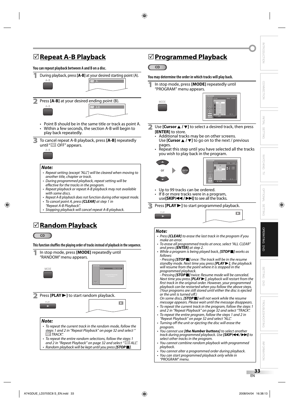 Repeat a-b playback, Random playback, 5programmed playback | Sylvania LD370SC8 S User Manual | Page 33 / 92