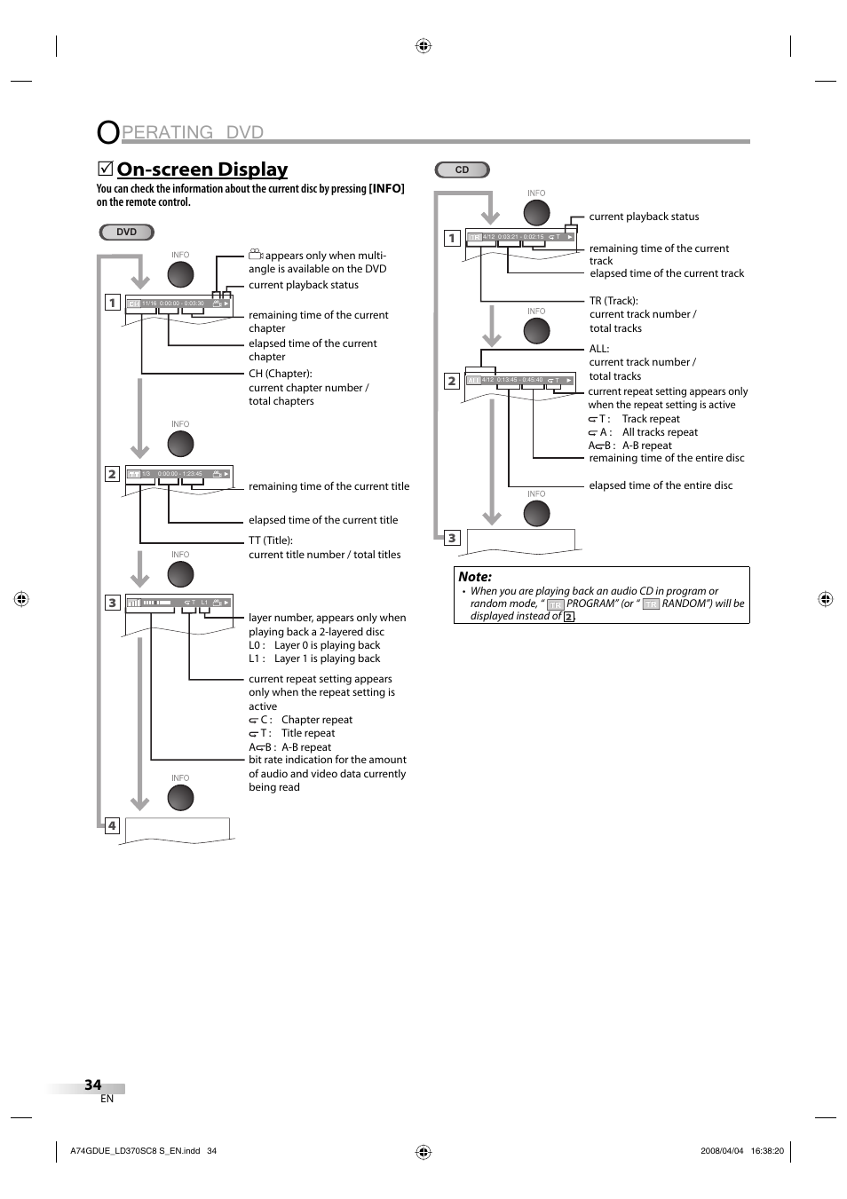 Perating dvd, On-screen display | Sylvania LD370SC8 S User Manual | Page 34 / 92