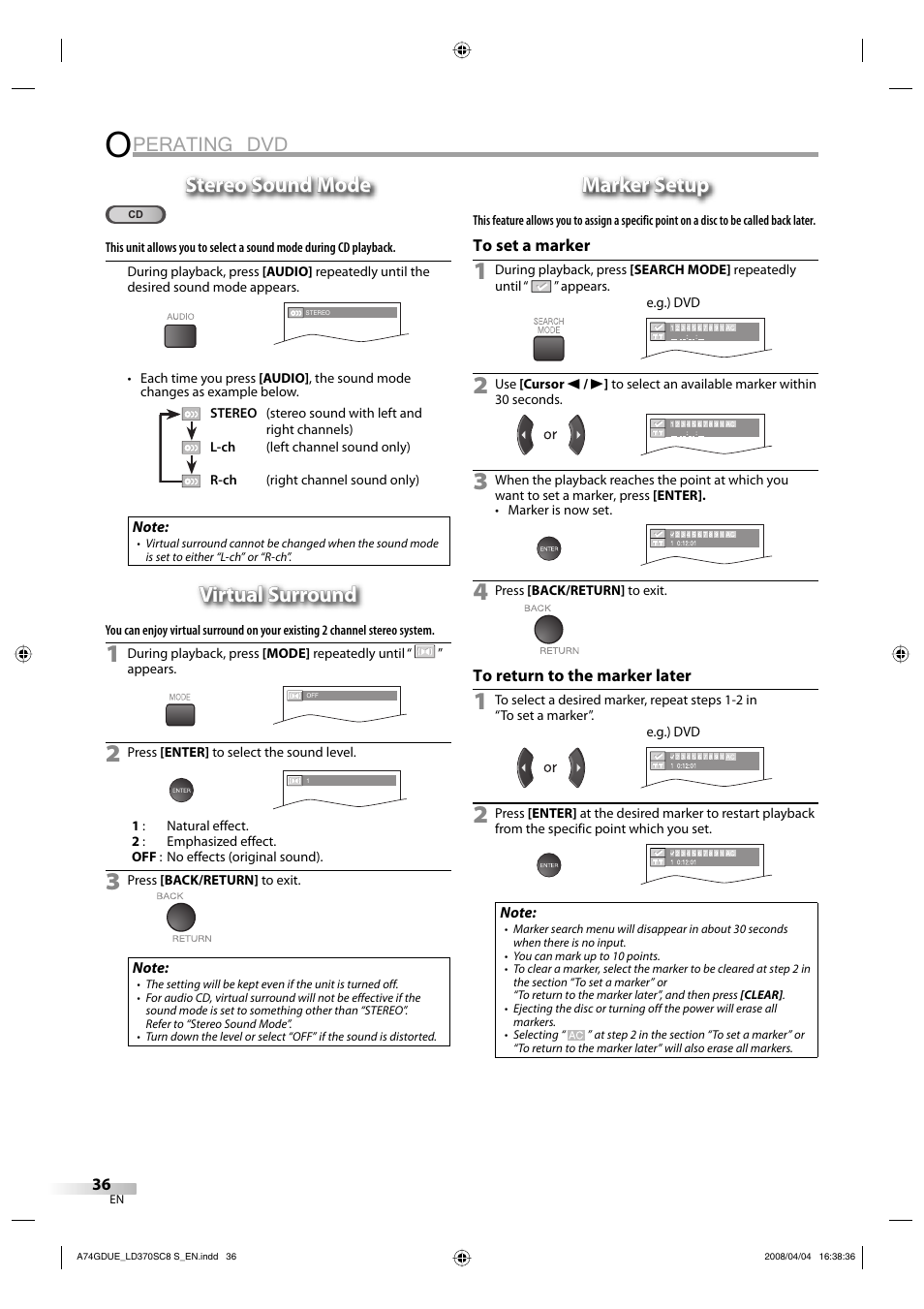 Perating dvd, Stereo sound mode, Virtual surround | Marker setup | Sylvania LD370SC8 S User Manual | Page 36 / 92