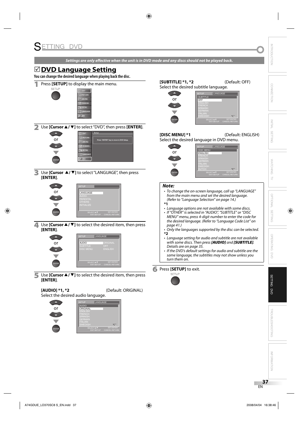 Etting dvd, Dvd language setting | Sylvania LD370SC8 S User Manual | Page 37 / 92