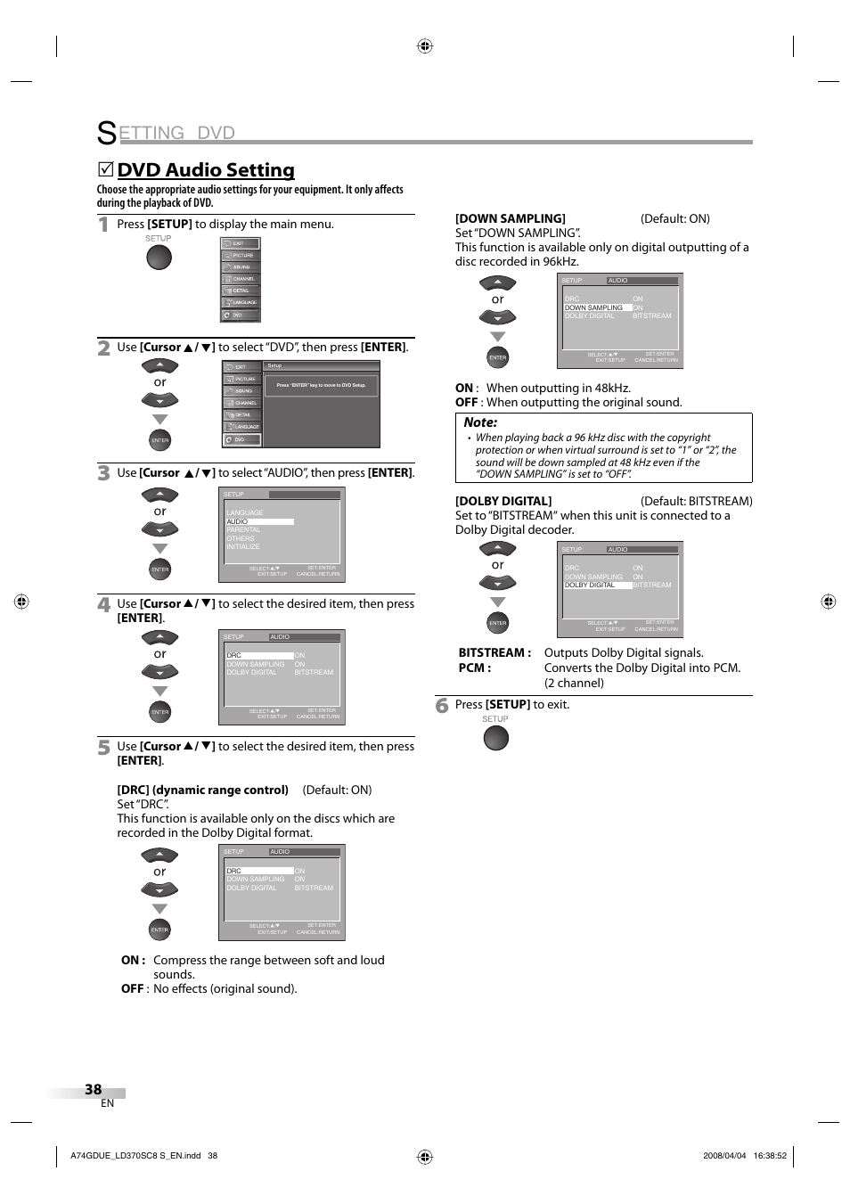Etting dvd, Dvd audio setting | Sylvania LD370SC8 S User Manual | Page 38 / 92