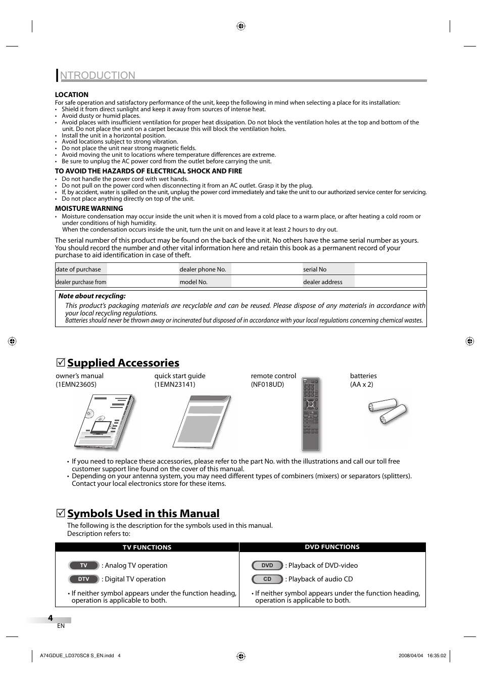 Ntroduction, Symbols used in this manual, Supplied accessories | Sylvania LD370SC8 S User Manual | Page 4 / 92