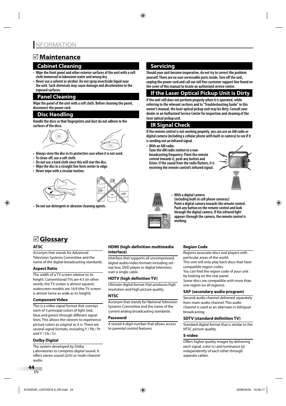 Nformation, Maintenance 5, Glossary 5 | Cabinet cleaning, Panel cleaning, Disc handling, Servicing, If the laser optical pickup unit is dirty, Ir signal check | Sylvania LD370SC8 S User Manual | Page 44 / 92