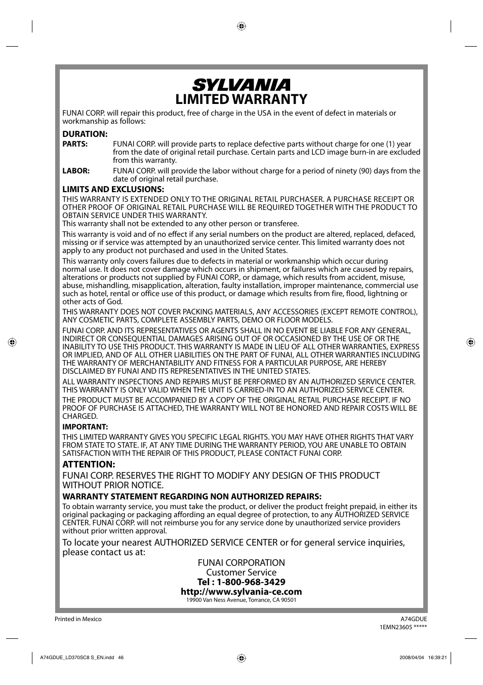 Limited warranty | Sylvania LD370SC8 S User Manual | Page 46 / 92