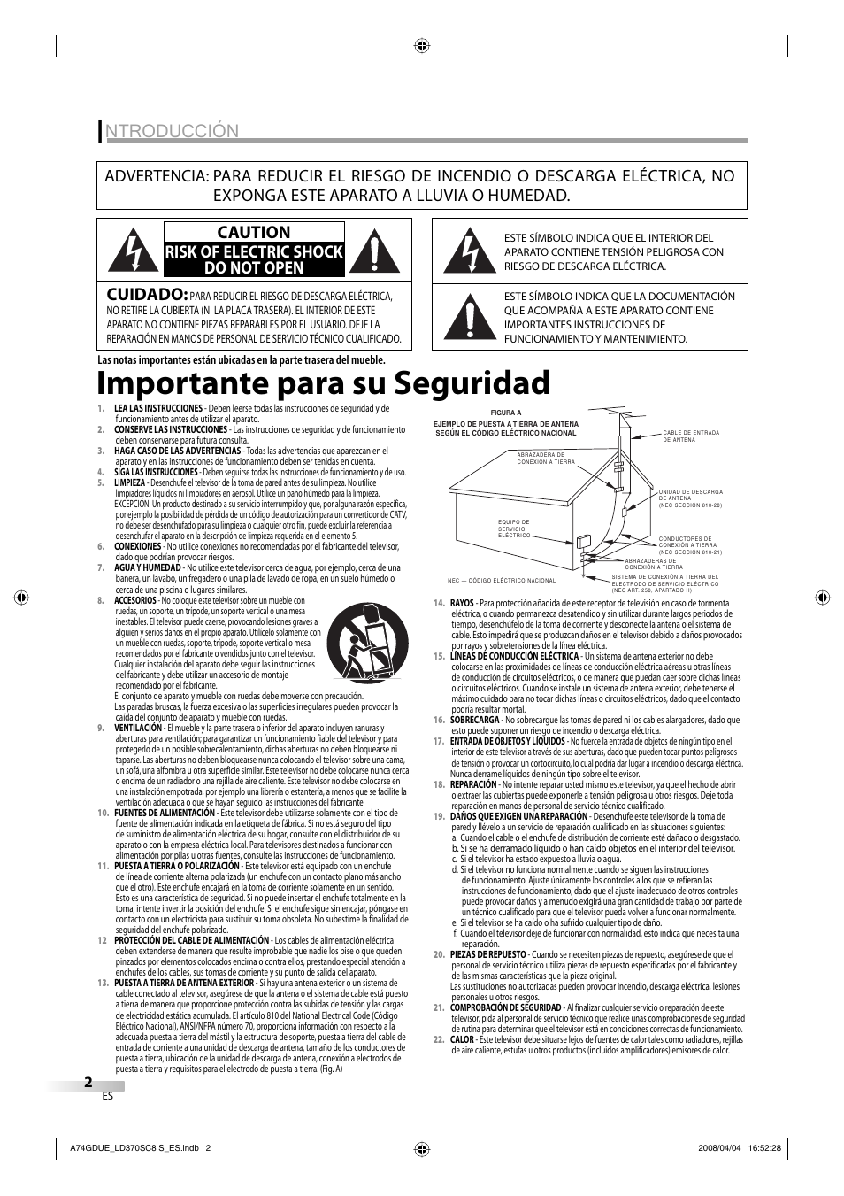 Importante para su seguridad, Ntroducción, Cuidado | Caution risk of electric shock do not open | Sylvania LD370SC8 S User Manual | Page 48 / 92