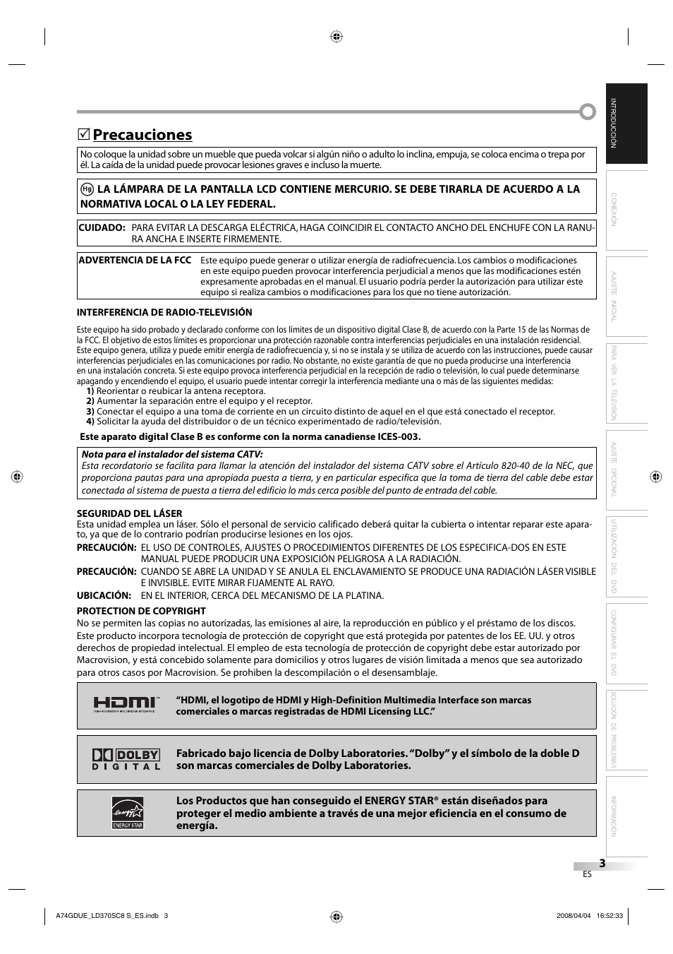 Precauciones | Sylvania LD370SC8 S User Manual | Page 49 / 92
