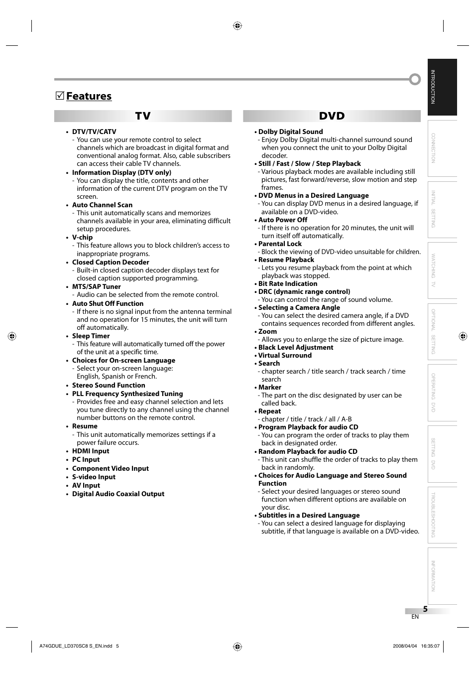 Tv dvd features 5 | Sylvania LD370SC8 S User Manual | Page 5 / 92