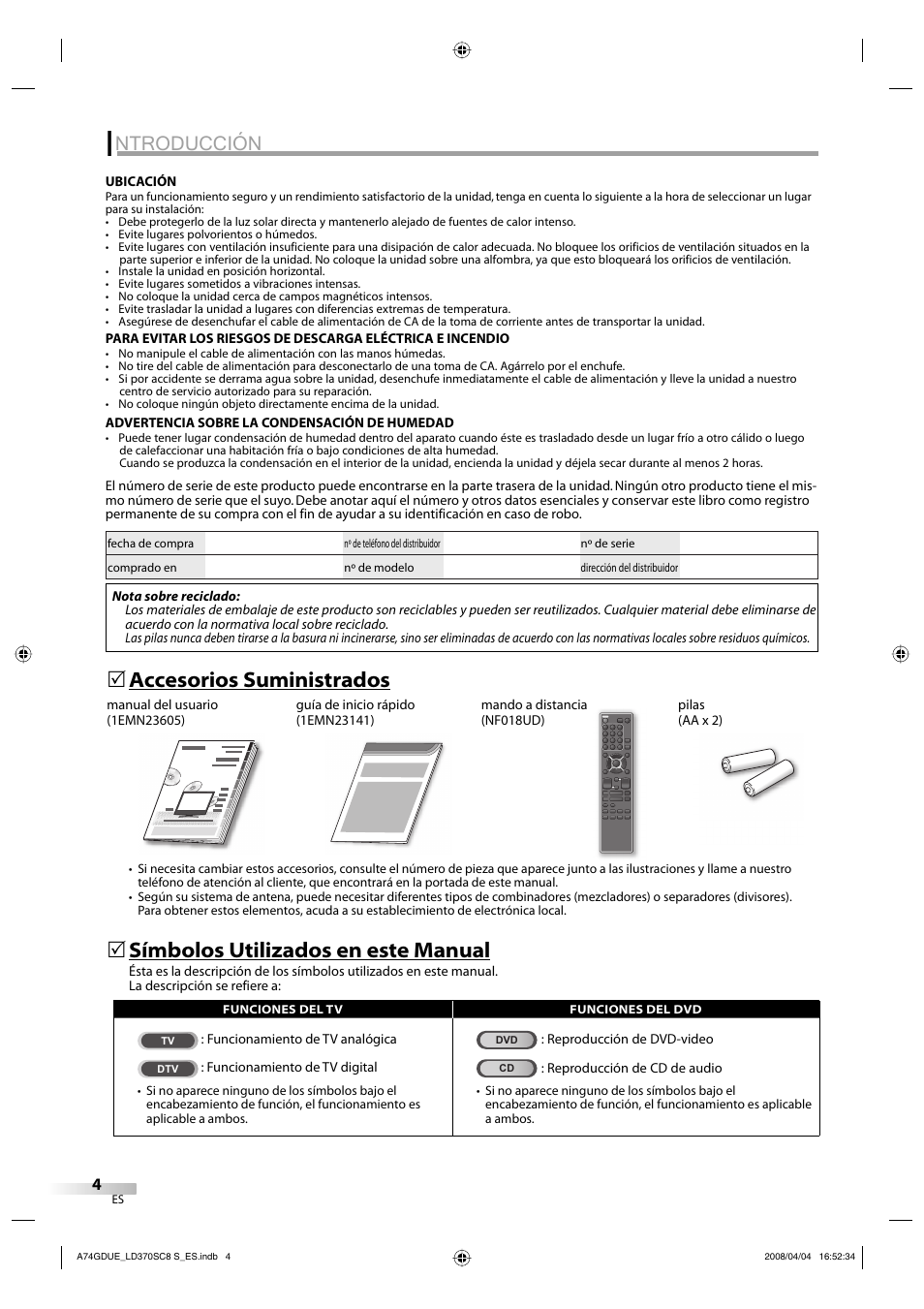 Ntroducción, Símbolos utilizados en este manual, Accesorios suministrados | Sylvania LD370SC8 S User Manual | Page 50 / 92