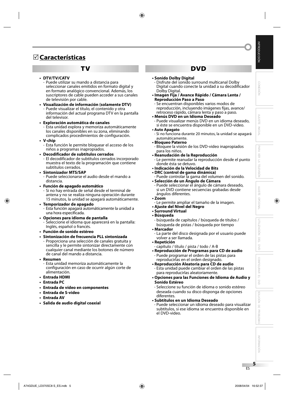 Características 5 tv dvd | Sylvania LD370SC8 S User Manual | Page 51 / 92